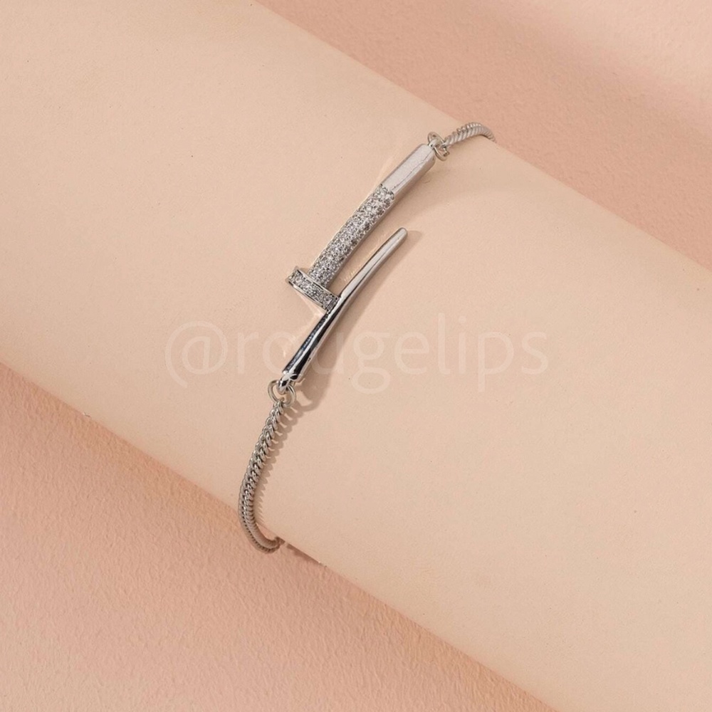 Rhinestone Embellished Silver Nail Chain Bracelet- Rouge!